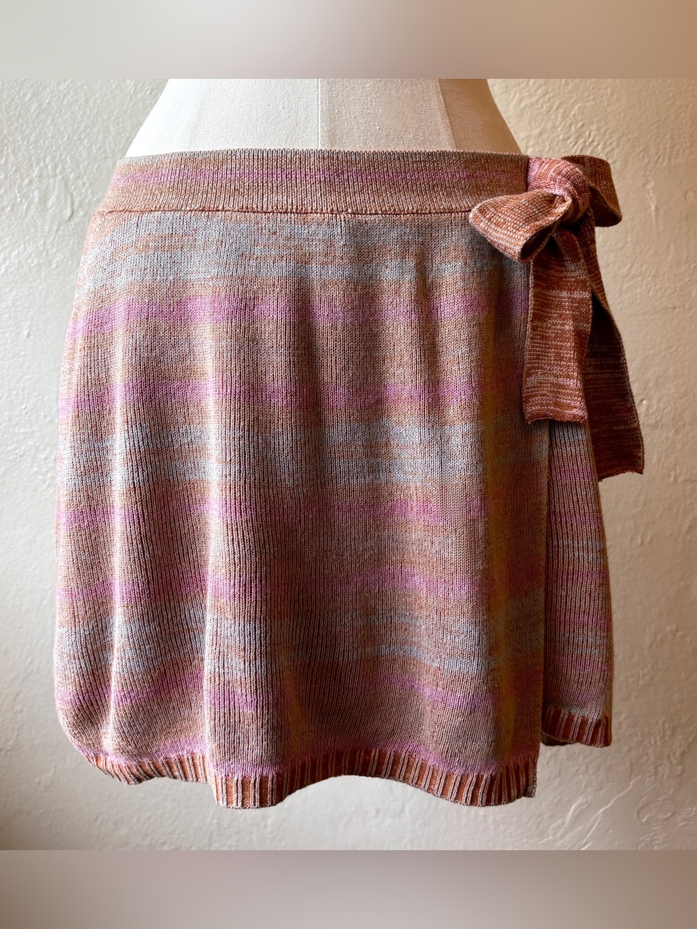 Free People Beige Striped Sunrise Knit Skort Size M 8 Mini Wrap Ribbed Boho Tie